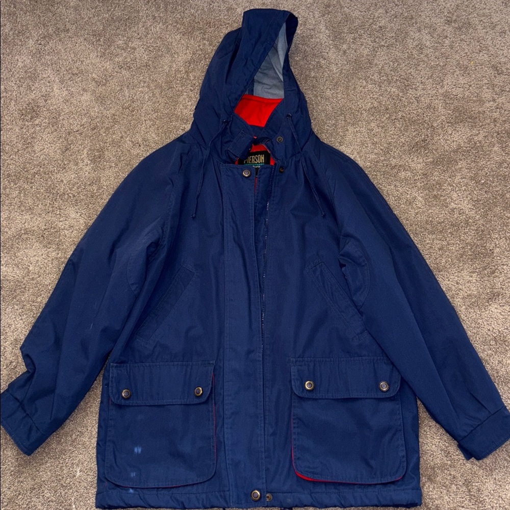 Vintage Navy Hooded Jacket with Red Fleece Lining